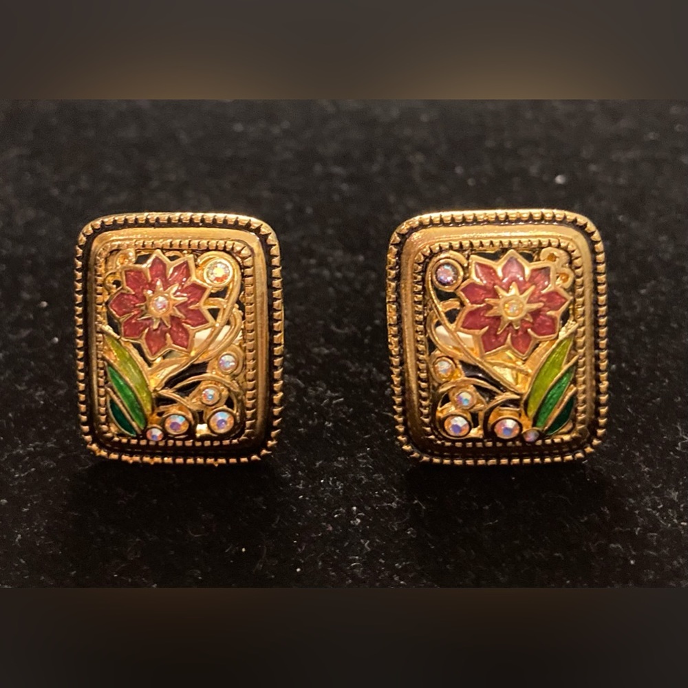 Joan Rivers Cloisonné Flower Clip Earrings with Aurora Borealis Rhinestones